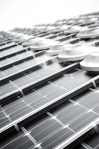 Photo closeup of roof covered with solar panels on white background