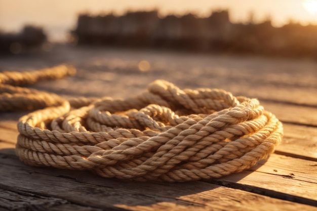 closeup Rope on an old wooden nautical ai generative