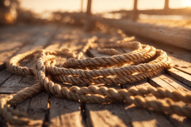 closeup Rope on an old wooden nautical ai generative