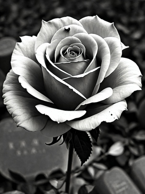 closeup of rose in black and white