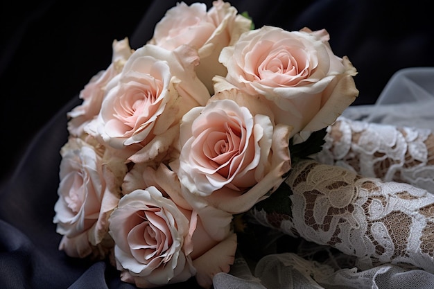 Closeup of a rose bouquet with a vintage hand fan