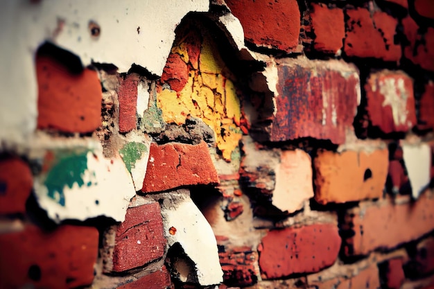 A closeup of the rough texture of an old brick wall with peeling paint and cracks