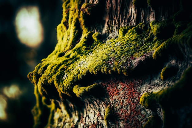 A closeup of a rough and textured bark of a tree covered in moss