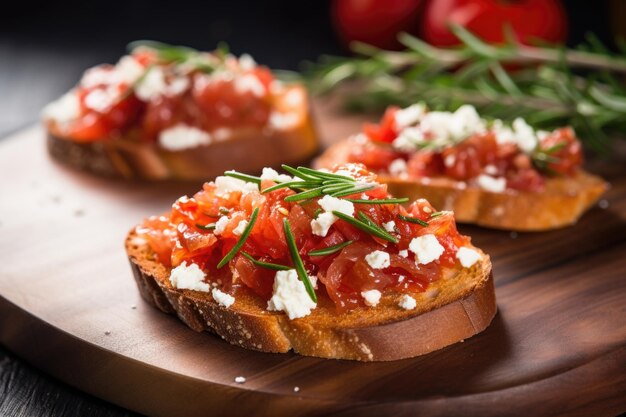 Closeup of a round bruschetta with crumbled goat cheese and rosemary