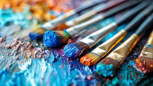 A closeup of a row of artist paintbrushes on a canvas