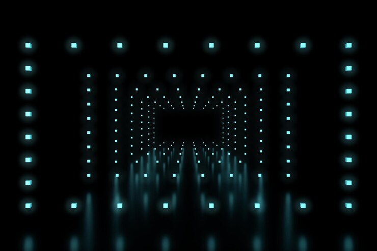 長方形の青いLEDライトの列のクローズアップ