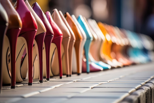 Photo closeup of row of stylish highheeled shoes generative ai