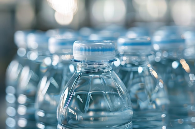 Closeup on rows of refreshing natural mineral water in plastic bottle in white background