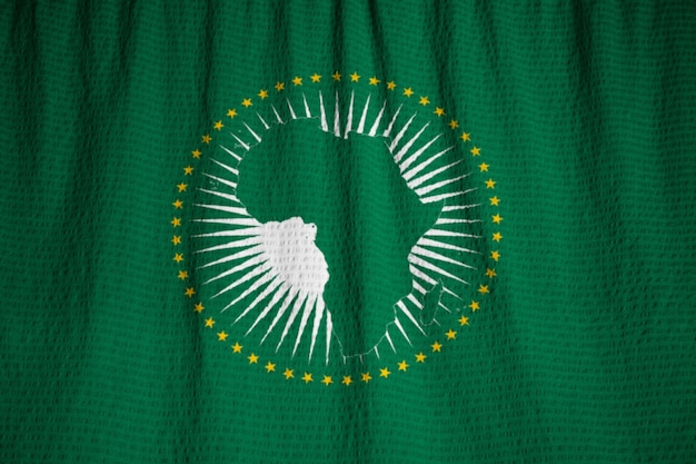 Closeup of Ruffled African Union Flag, African Union Flag Blowing in Wind