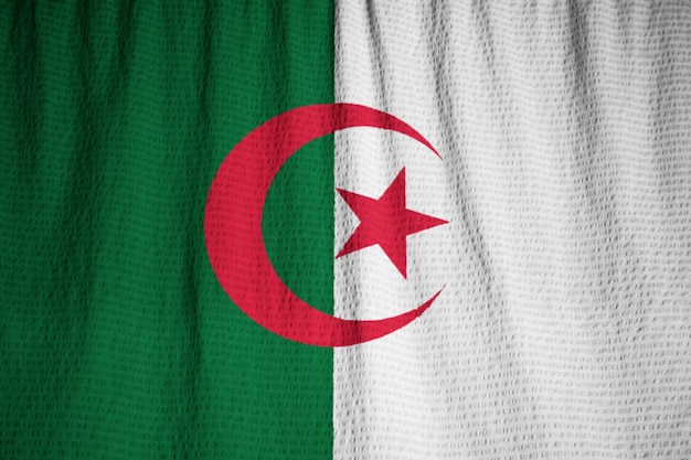 Closeup of Ruffled Algeria Flag, Algeria Flag Blowing in Wind