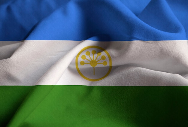 Closeup of Ruffled Bashkortostan Flag, Bashkortostan Flag Blowing in Wind