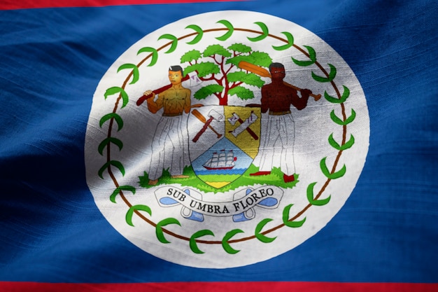 Closeup of Ruffled Belize Flag, Belize Flag Blowing in Wind