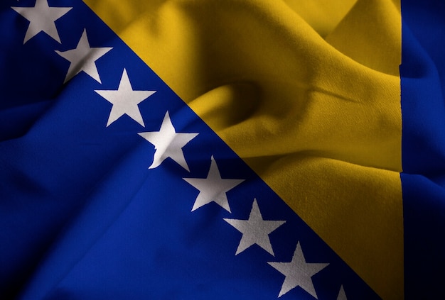 Closeup of Ruffled Bosnia and Herzegovina Flag