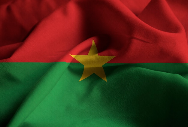 Closeup of Ruffled Burkina Faso Flag, Burkina Faso Flag Blowing in Wind