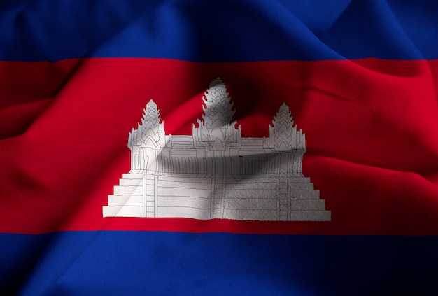 Closeup of Ruffled Cambodia Flag, Cambodia Flag Blowing in Wind