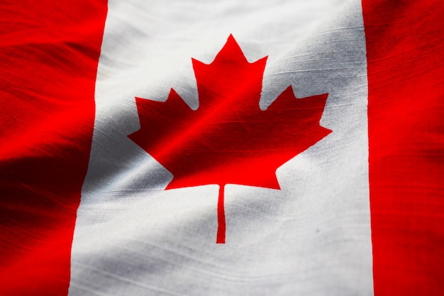 Closeup of Ruffled Canada Flag, Canada Flag Blowing in Wind