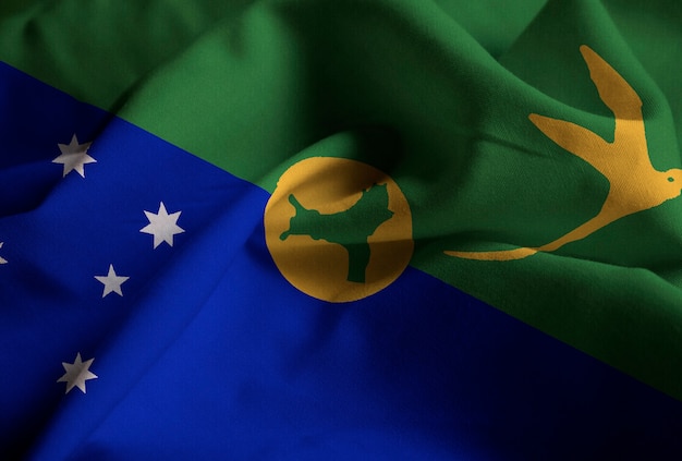 Closeup of Ruffled Christmas Island Flag, Christmas Island Flag Blowing in Wind