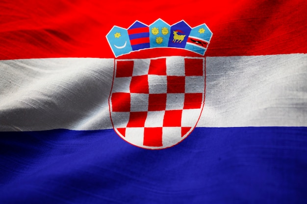 Closeup of Ruffled Croatia Flag, Croatia Flag Blowing in Wind