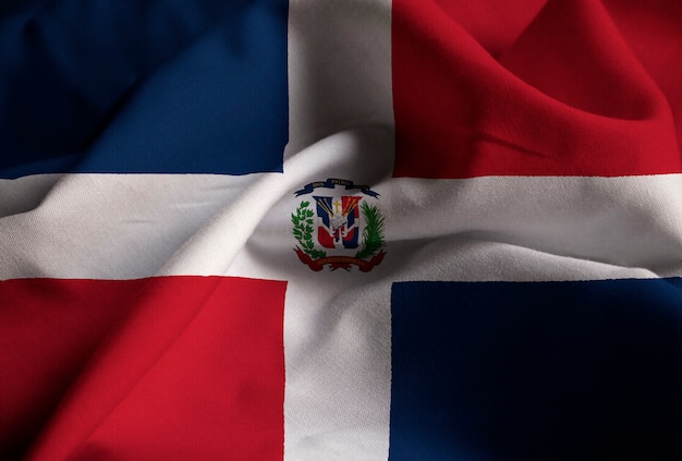 Макрофотография Ruffled Доминиканская Республика Флаг, Доминиканская Республика Флаг, дующий в ветре