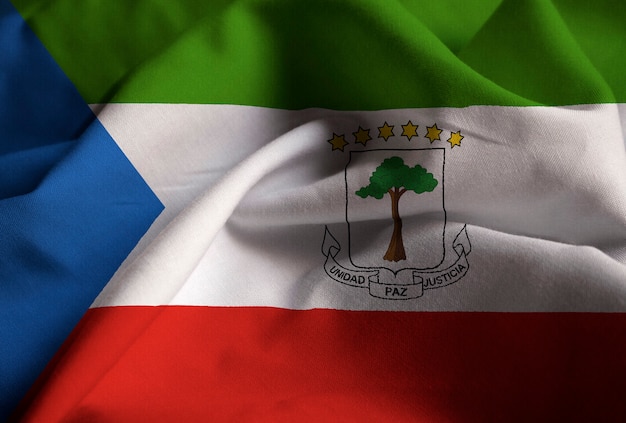 Closeup of Ruffled Equatorial Guinea Flag, Equatorial Guinea Flag Blowing in Wind