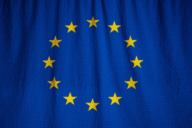 Closeup of Ruffled European Union Flag, European Union Flag Blowing in Wind