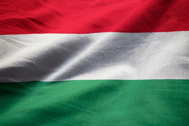 Closeup of Ruffled Hungary Flag, Hungary Flag Blowing in Wind