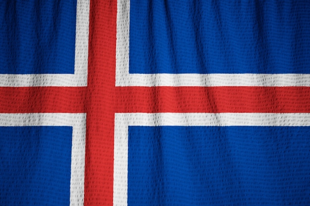 Closeup of Ruffled Iceland Flag, Iceland Flag Blowing in Wind