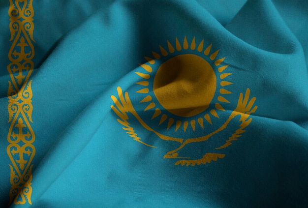 Closeup of Ruffled Kazakhstan Flag, Kazakhstan Flag Blowing in Wind