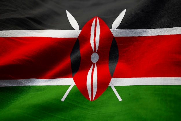 Closeup of Ruffled Kenya Flag, Kenya Flag Blowing in Wind