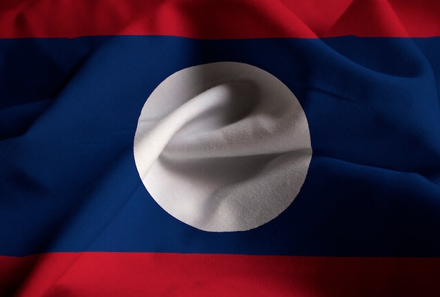 Closeup of Ruffled Laos Flag, Laos Flag Blowing in Wind