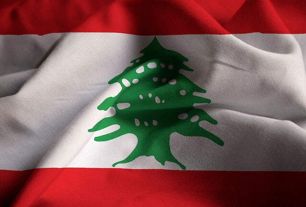 Closeup of Ruffled Lebanon Flag, Lebanon Flag Blowing in Wind