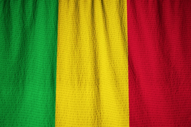 Closeup of Ruffled Mali Flag, Mali Flag Blowing in Wind