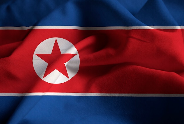 Closeup of Ruffled North Korea Flag, North Korea Flag Blowing in Wind