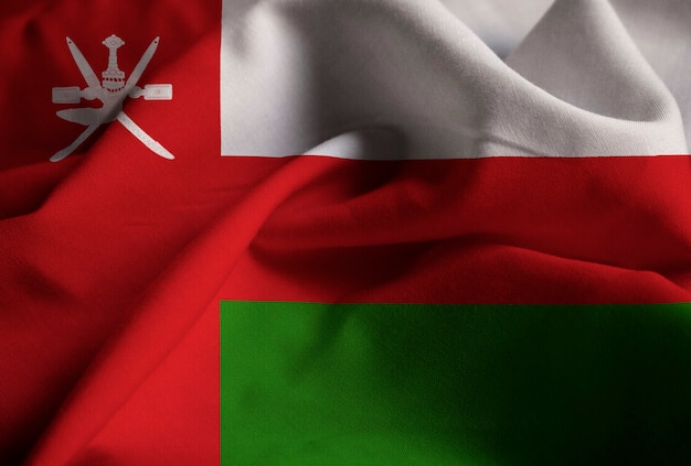 Closeup of Ruffled Oman Flag, Oman Flag Blowing in Wind