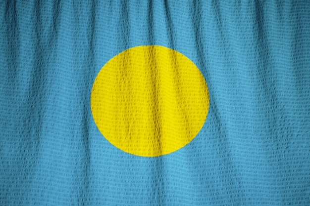 Closeup of Ruffled Palau Flag, Palau Flag Blowing in Wind