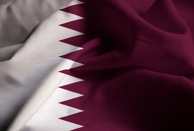 Closeup of Ruffled Qatar Flag, Qatar Flag Blowing in Wind