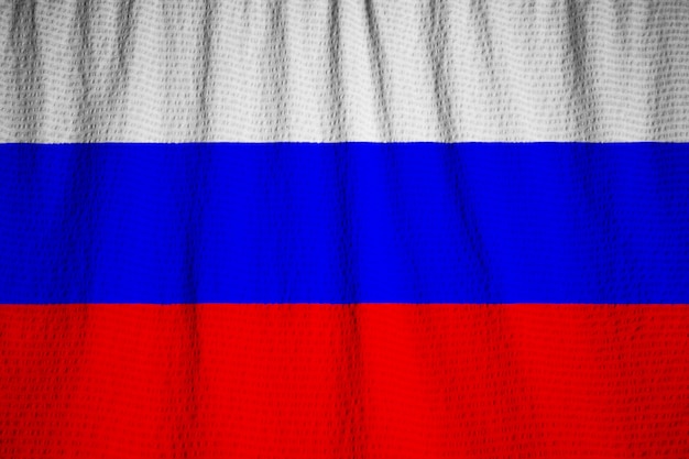 Closeup of Ruffled Russia Flag, Russia Flag Blowing in Wind