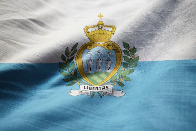 Closeup of Ruffled San Marino Flag, San Marino Flag Blowing in Wind