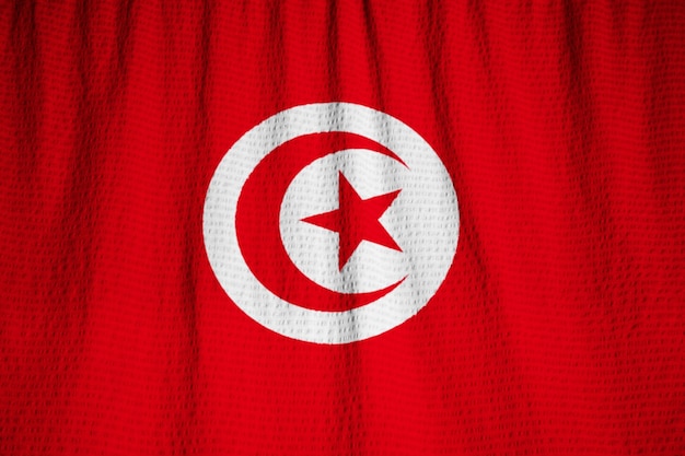 Closeup of Ruffled Tunisia Flag, Tunisia Flag Blowing in Wind