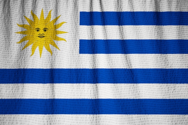 Closeup of Ruffled Uruguay Flag, Uruguay Flag Blowing in Wind