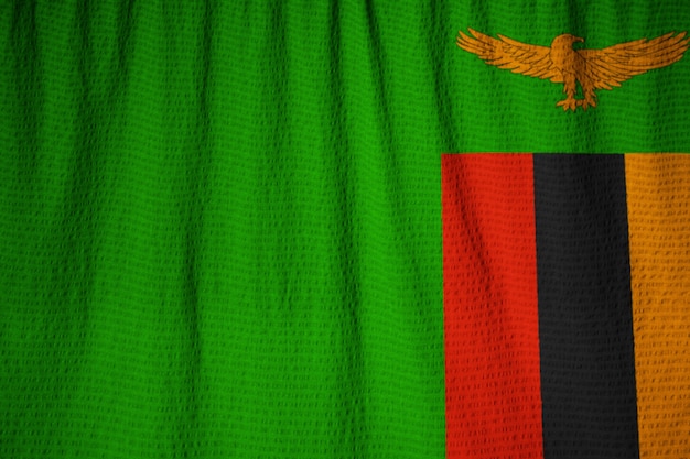 Closeup of Ruffled Zambia Flag, Zambia Flag Blowing in Wind