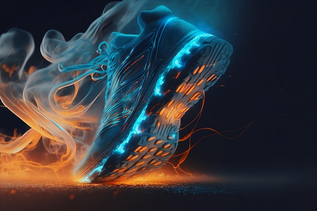 Closeup at the runner's feet with blue and orange neon energy Generative AI