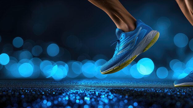 Closeup of a runners blue shoes midstride on a glittering road