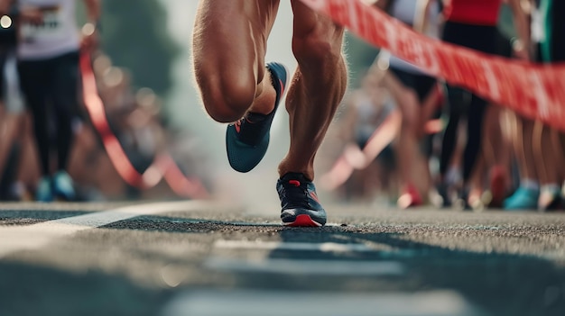 마라톤 경쟁 경주 날의 분위기에서 달리기자의 발을 클로즈업하여 스포츠맨십과 인내심의 본질을 포착합니다.
