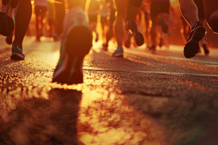 Photo closeup of runners legs and shoes during a marathon at sunrise