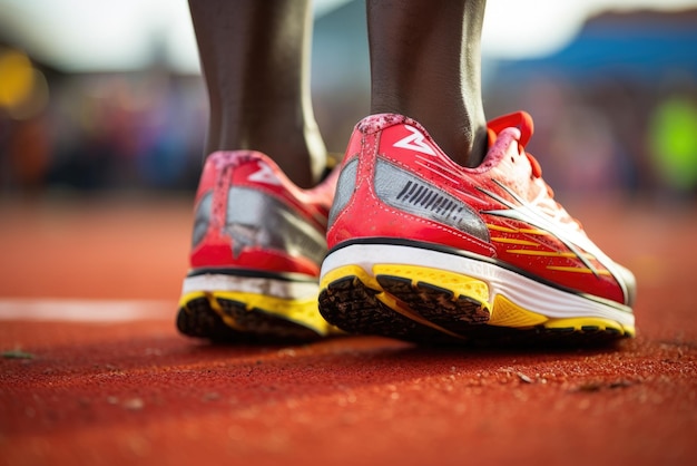 closeup on running shoes of african man on race track in stadium
