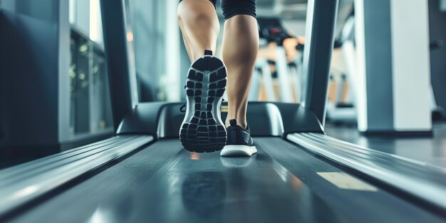 Closeup of running shoes on treadmill