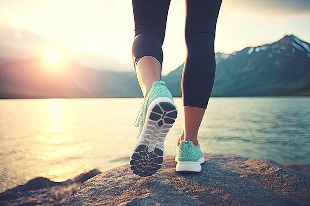 Closeup of running woman's sneakers on the fjord shore