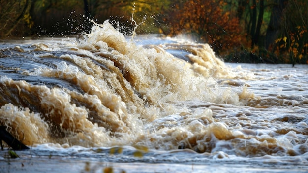 Closeup of a rushing river overflowing its banks evidence of the impact of altered rainfall patterns