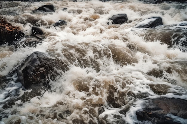 Closeup of the rushing water in a stormy river